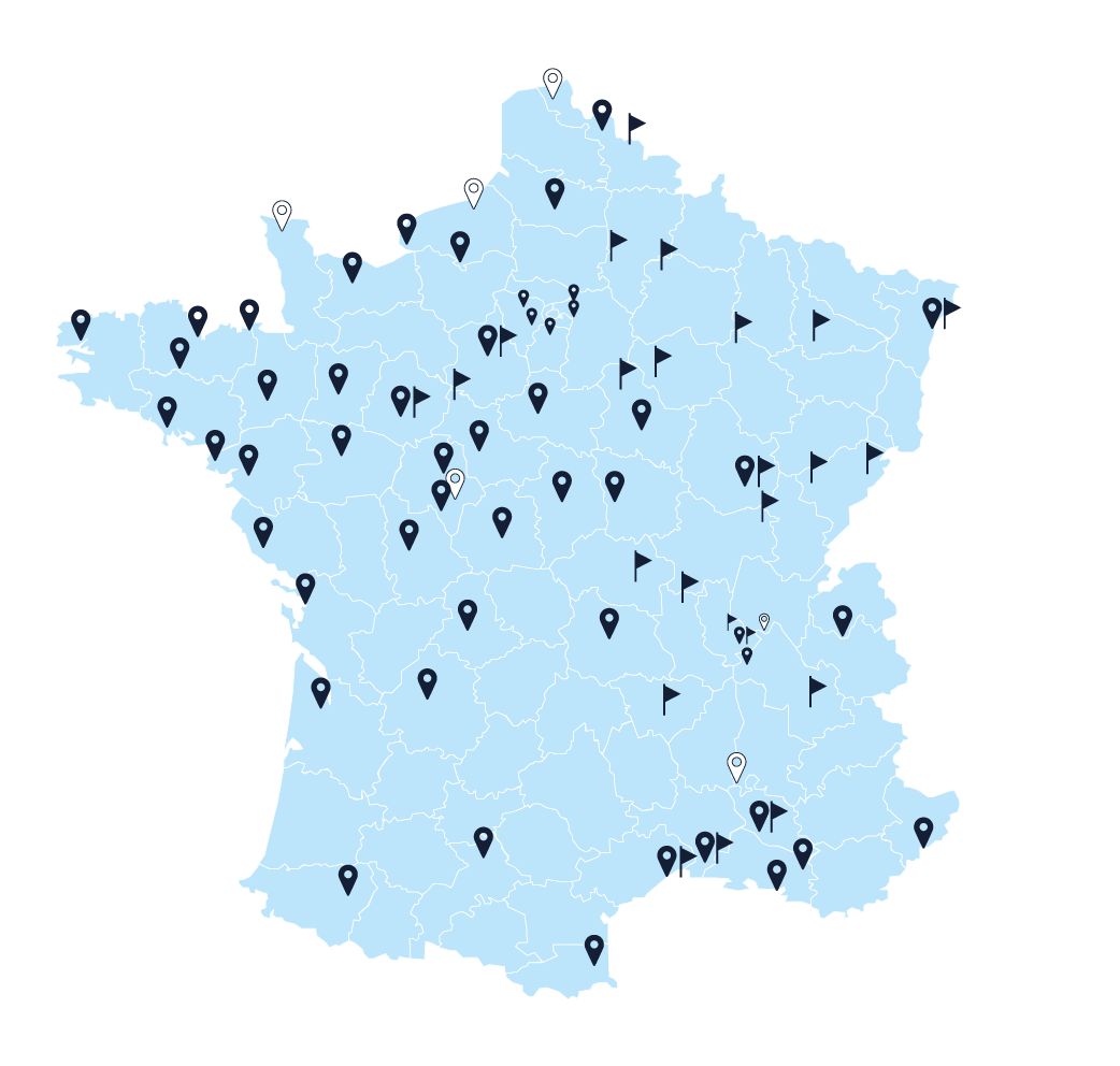Carte de France des sites de formation SOCOTEC Formation, SOCOTEC Formation Nucléaire et CERTIGO